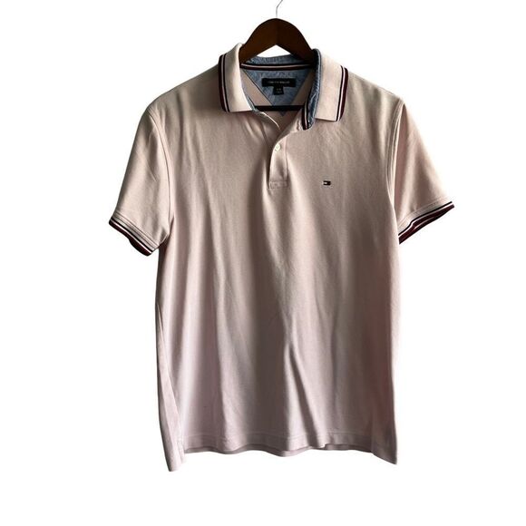 Men's Tommy Hilfiger Classic Light Pink Polo with Striped Banding - Picture 1 of 7